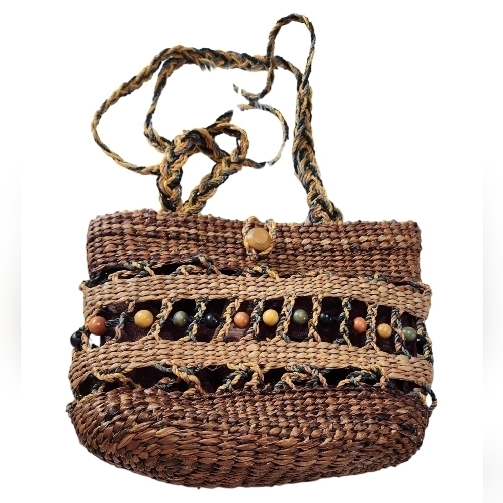 Bohemian Brown Blue Yellow Tote Bag Handbag Indie Tribal Straw Beaded